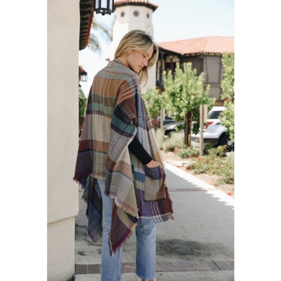 Accessories | Multicolor Plaid Pocket Ruana Poncho Blanket Scarf | Poshmark